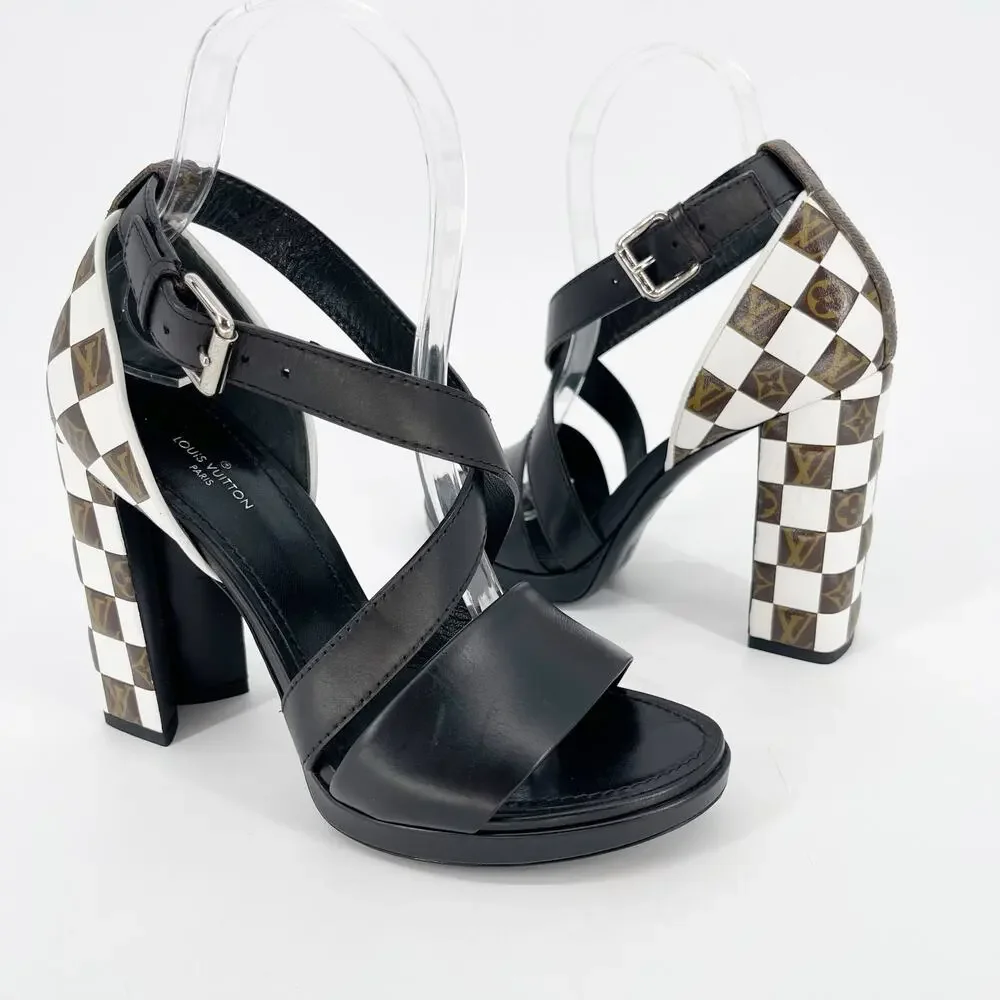 Louis Vuitton Black Monogram Damier Tressage Matchmake Check Heel Sandals EU 37